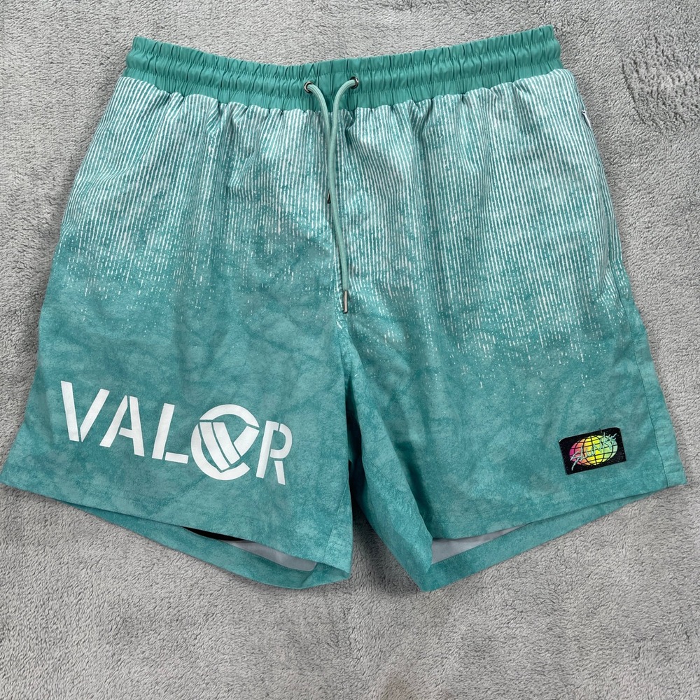 Slunks Swim Shorts Mens XXL Teal Valor Graphic Athletic Board Shorts Striped